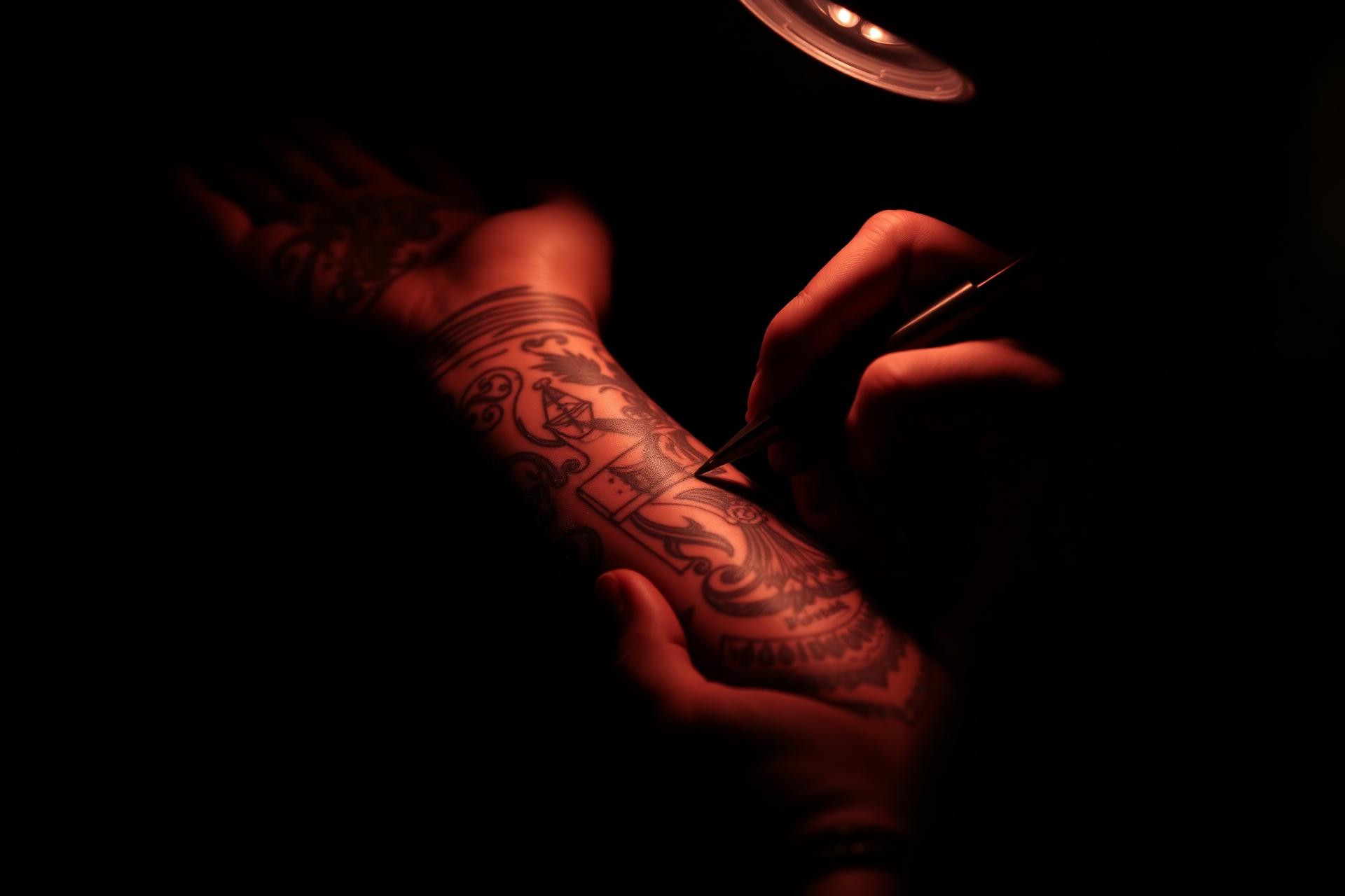 Tattoo artist at work under dramatic studio lighting
